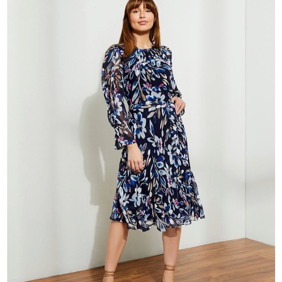 DKNY Floral Long Sheer Sleeve A Line Midi Modest Belted Dress 2 Navy - Picture 3 of 13
